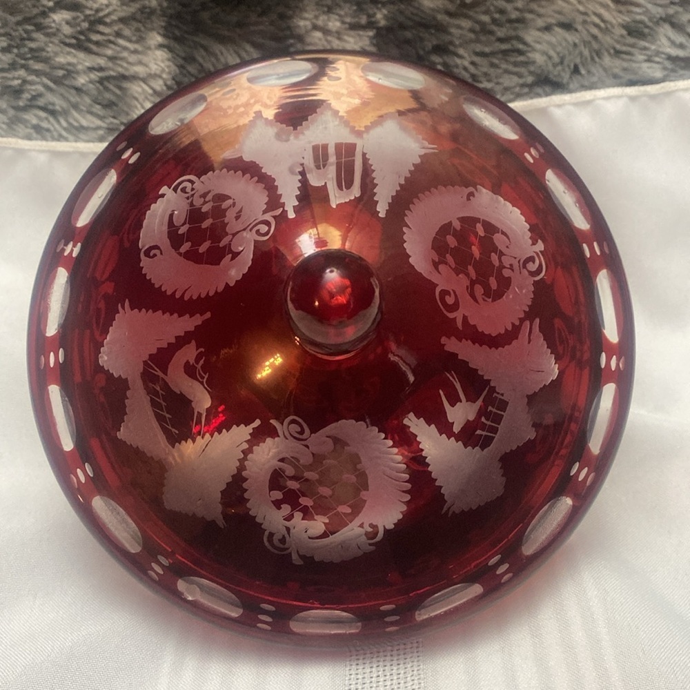 Vintage Bohemian  Red Glass Cut To Clear Candy Dish
W/lid - Picture 10 of 16